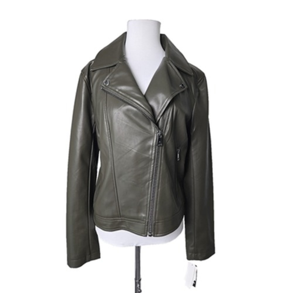 Kenneth Cole New York Faux Leather PU Zippered Moto Jacket Olive Large NWT $199